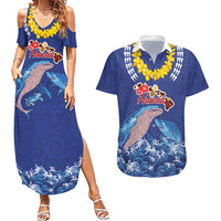 Hawaiian Sea Animals Couples Matching Summer Maxi Dress and Hawaiian Shirt Whales Shark and Turtle Guardians with Tribal Pattern LT03 Blue - Polynesian Pride