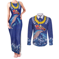 Hawaiian Sea Animals Couples Matching Tank Maxi Dress and Long Sleeve Button Shirt Whales Shark and Turtle Guardians with Tribal Pattern LT03 Blue - Polynesian Pride