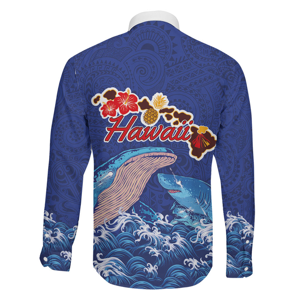 Hawaiian Sea Animals Family Matching Off The Shoulder Long Sleeve Dress and Hawaiian Shirt Whales Shark and Turtle Guardians with Tribal Pattern LT03 - Polynesian Pride