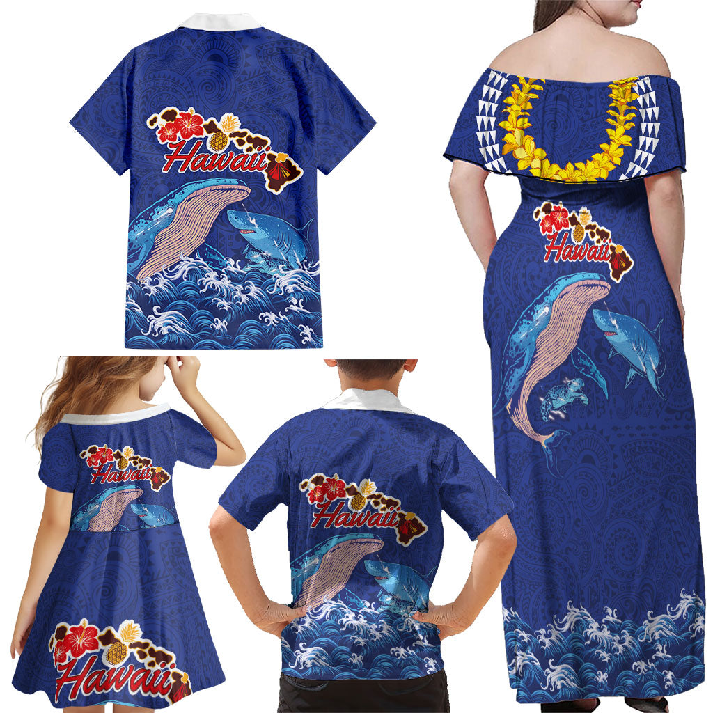 Hawaiian Sea Animals Family Matching Off Shoulder Maxi Dress and Hawaiian Shirt Whales Shark and Turtle Guardians with Tribal Pattern LT03 - Polynesian Pride