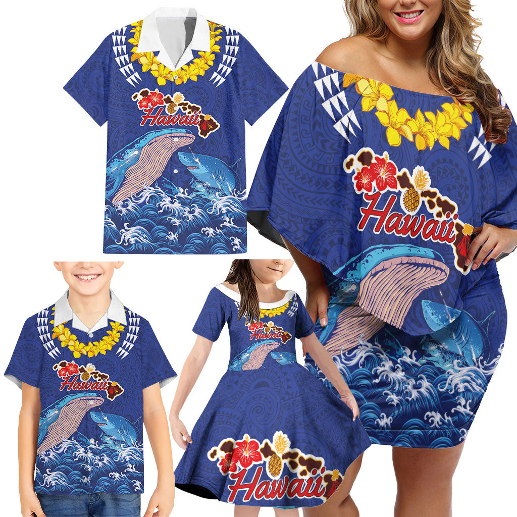 Hawaiian Sea Animals Family Matching Off Shoulder Short Dress and Hawaiian Shirt Whales Shark and Turtle Guardians with Tribal Pattern