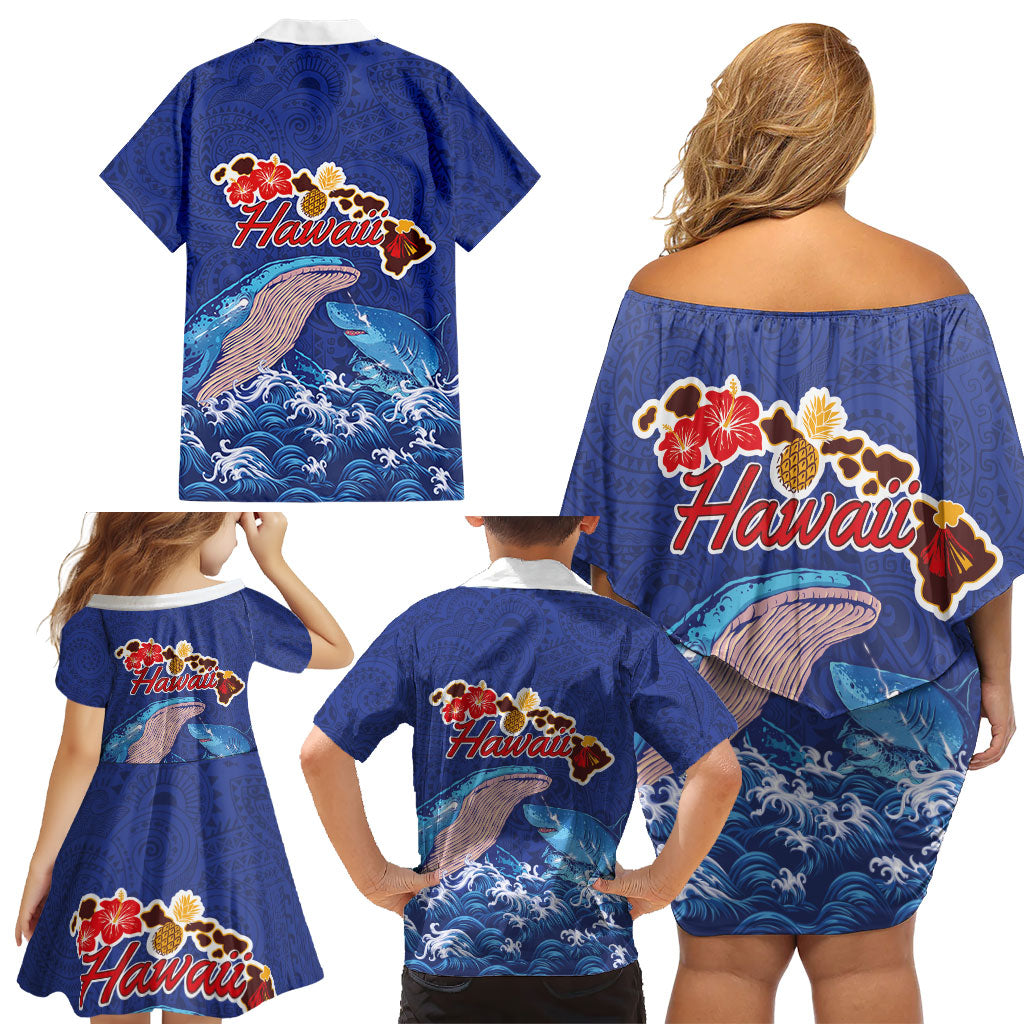 Hawaiian Sea Animals Family Matching Off Shoulder Short Dress and Hawaiian Shirt Whales Shark and Turtle Guardians with Tribal Pattern LT03 - Polynesian Pride