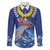 Hawaiian Sea Animals Family Matching Off Shoulder Short Dress and Hawaiian Shirt Whales Shark and Turtle Guardians with Tribal Pattern LT03 Dad's Shirt - Long Sleeve Blue - Polynesian Pride