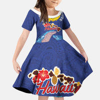Hawaiian Sea Animals Family Matching Short Sleeve Bodycon Dress and Hawaiian Shirt Whales Shark and Turtle Guardians with Tribal Pattern LT03 Daughter's Dress Blue - Polynesian Pride