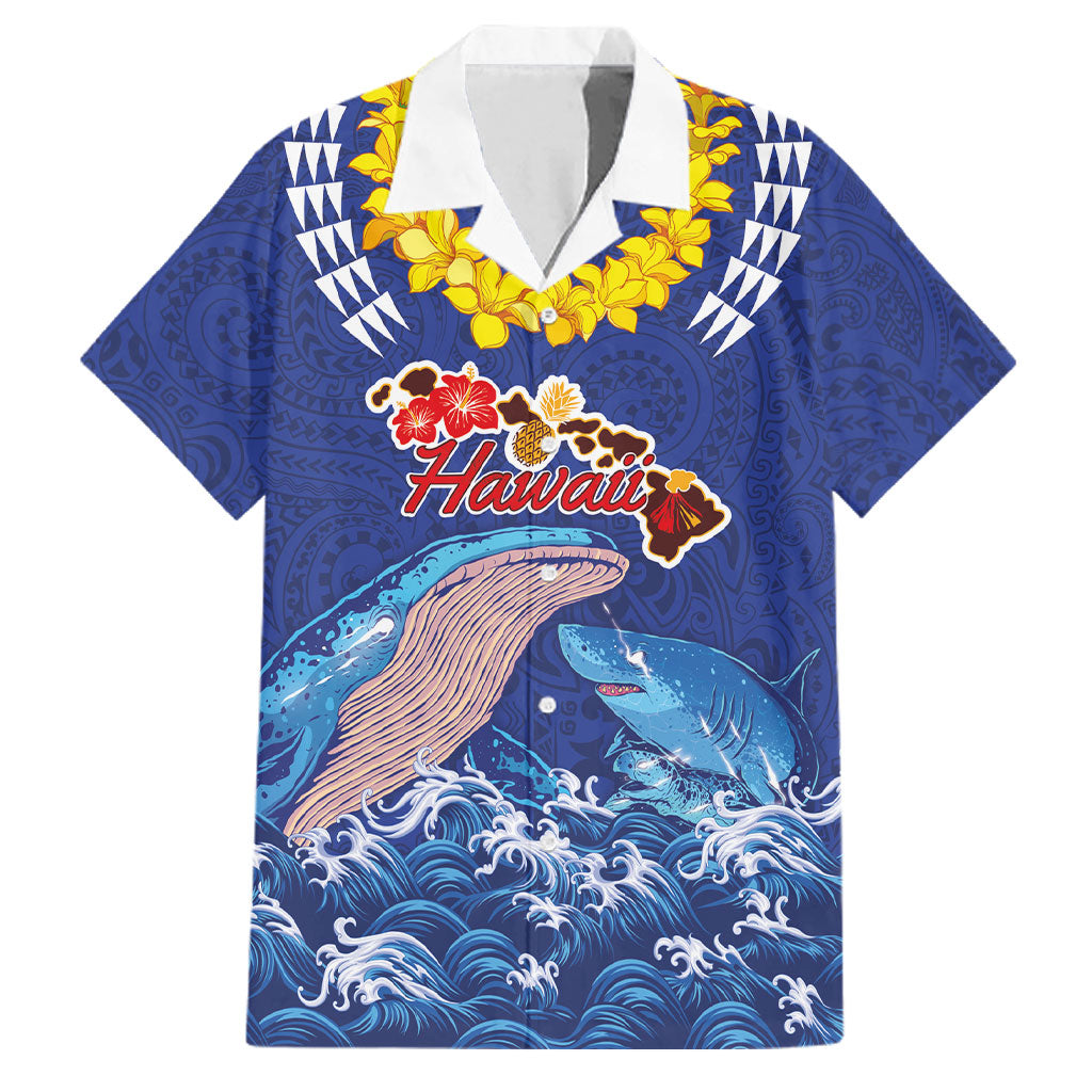 Hawaiian Sea Animals Family Matching Short Sleeve Bodycon Dress and Hawaiian Shirt Whales Shark and Turtle Guardians with Tribal Pattern LT03 Dad's Shirt - Short Sleeve Blue - Polynesian Pride