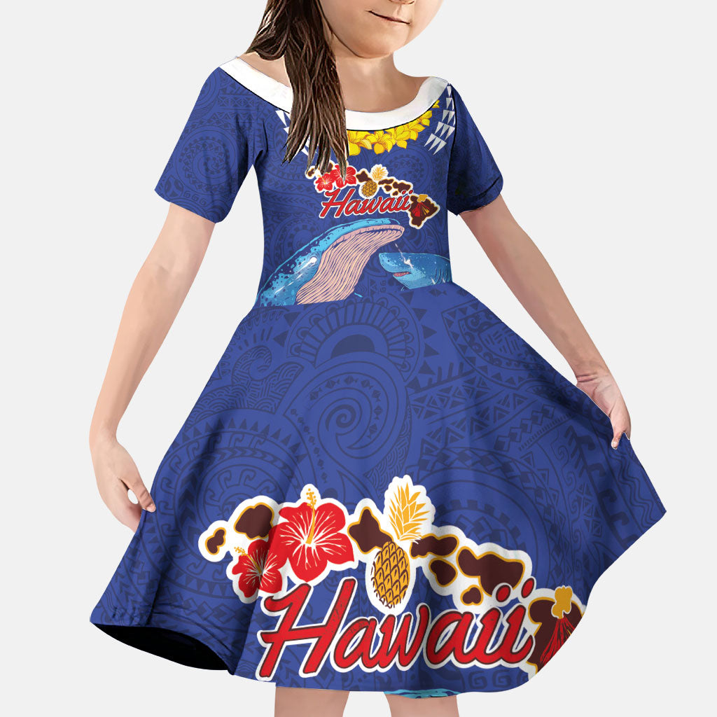 Hawaiian Sea Animals Family Matching Summer Maxi Dress and Hawaiian Shirt Whales Shark and Turtle Guardians with Tribal Pattern LT03 Daughter's Dress Blue - Polynesian Pride