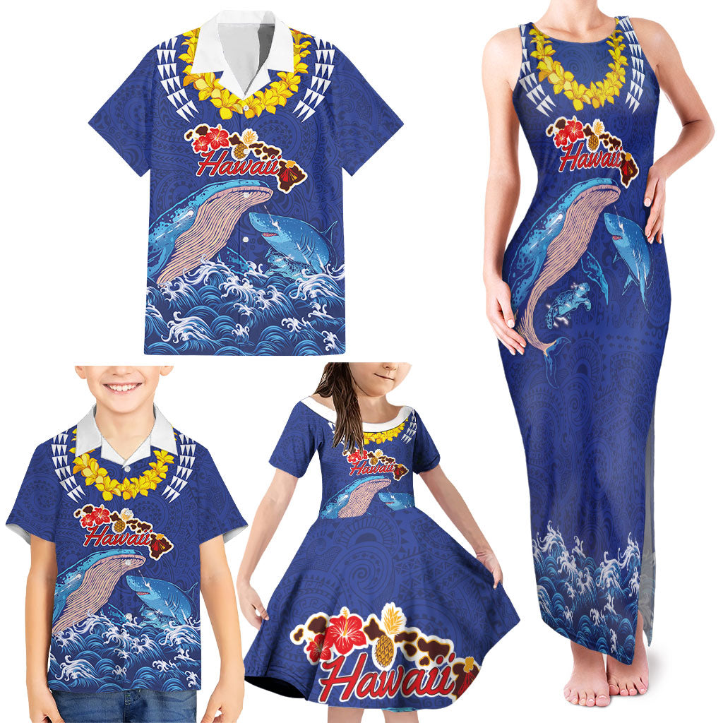 Hawaiian Sea Animals Family Matching Tank Maxi Dress and Hawaiian Shirt Whales Shark and Turtle Guardians with Tribal Pattern
