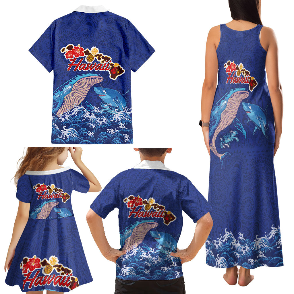 Hawaiian Sea Animals Family Matching Tank Maxi Dress and Hawaiian Shirt Whales Shark and Turtle Guardians with Tribal Pattern LT03 - Polynesian Pride