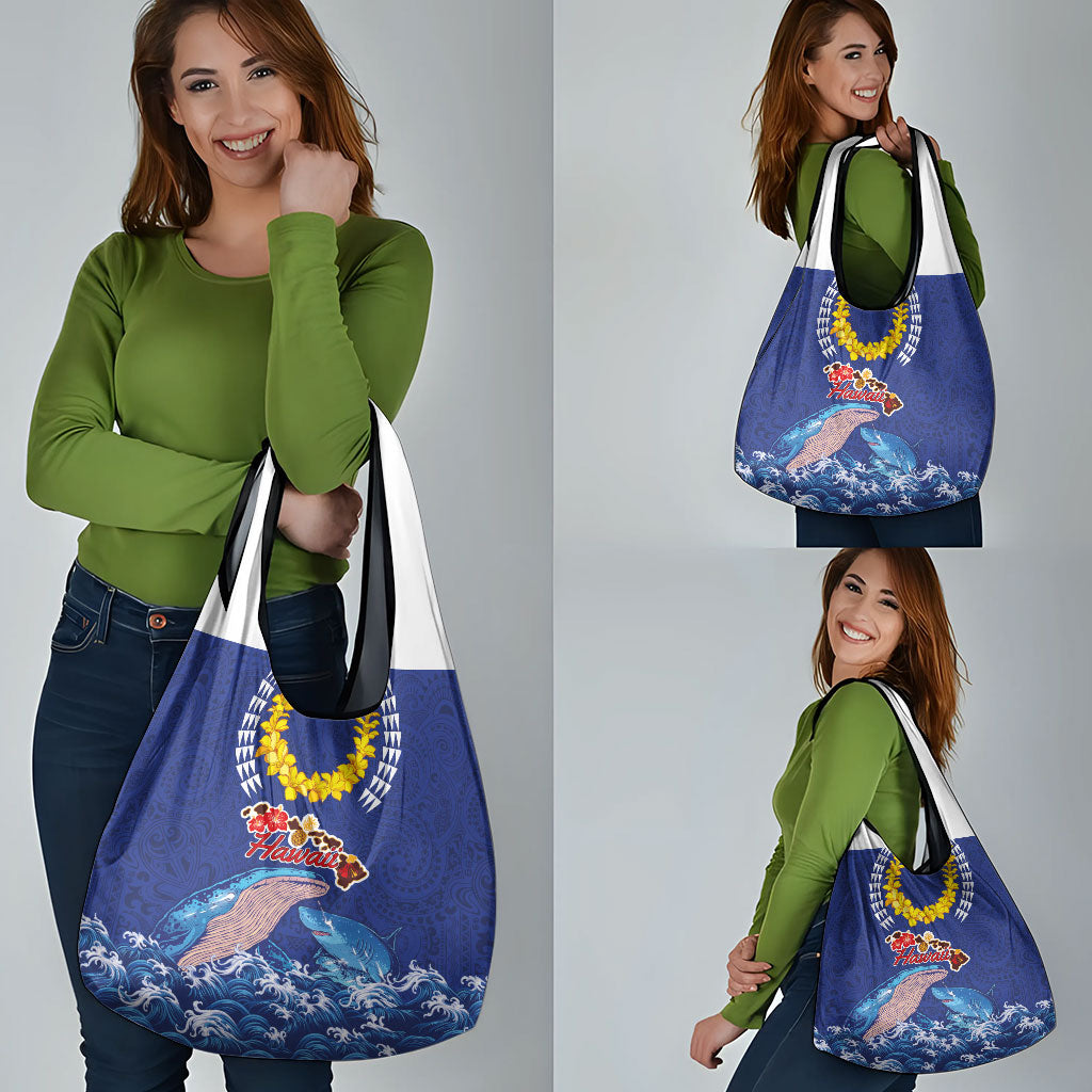 Hawaiian Sea Animals Grocery Bag Whales Shark and Turtle Guardians with Tribal Pattern