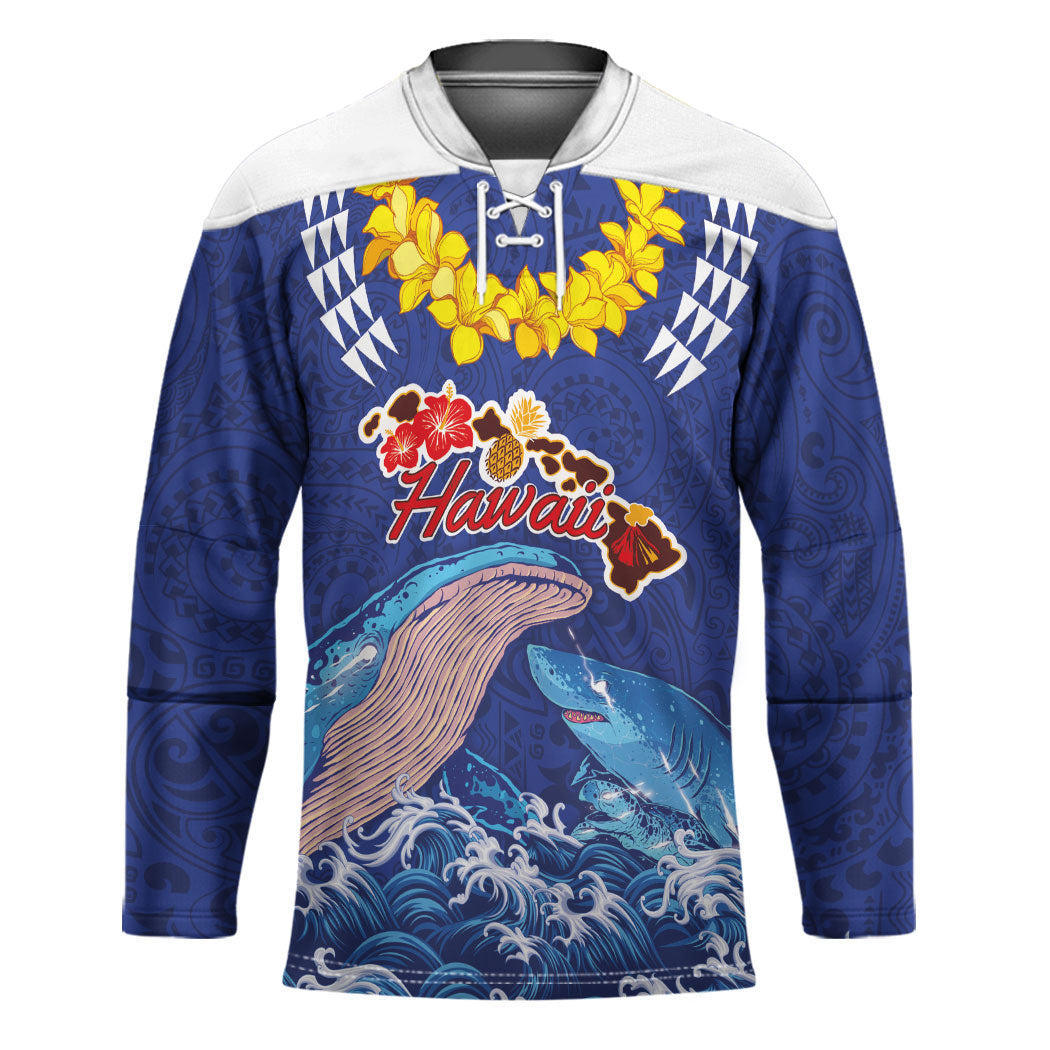 Hawaiian Sea Animals Hockey Jersey Whales Shark and Turtle Guardians with Tribal Pattern LT03 Unisex Blue - Polynesian Pride