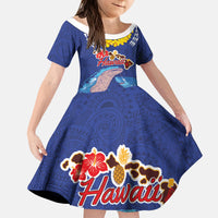 Hawaiian Sea Animals Kid Short Sleeve Dress Whales Shark and Turtle Guardians with Tribal Pattern LT03 KID Blue - Polynesian Pride