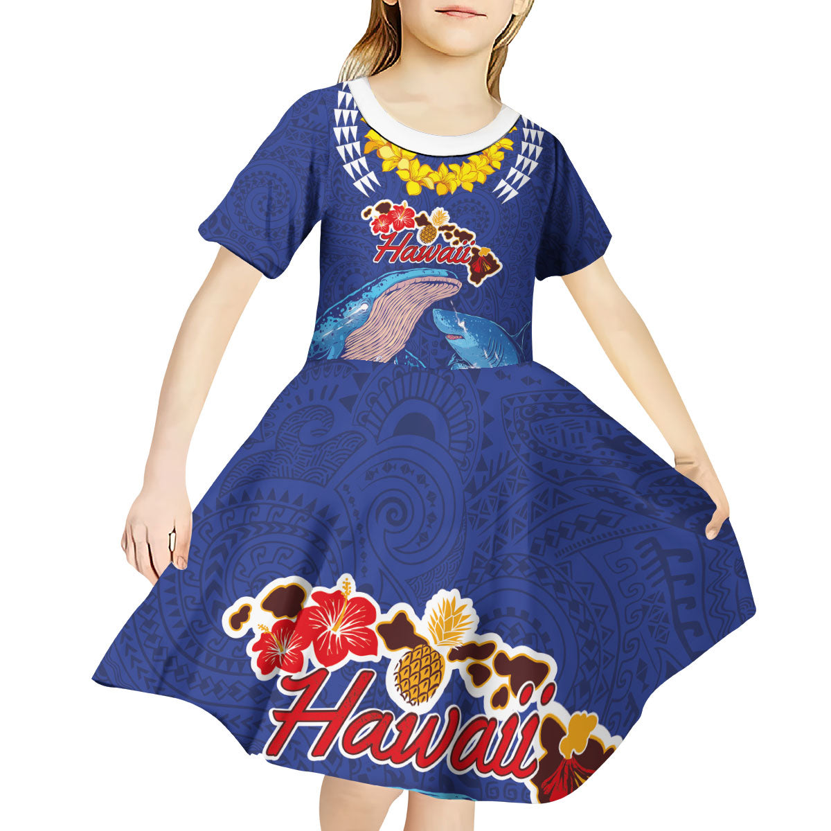 Hawaiian Sea Animals Kid Short Sleeve Dress Whales Shark and Turtle Guardians with Tribal Pattern LT03 - Polynesian Pride
