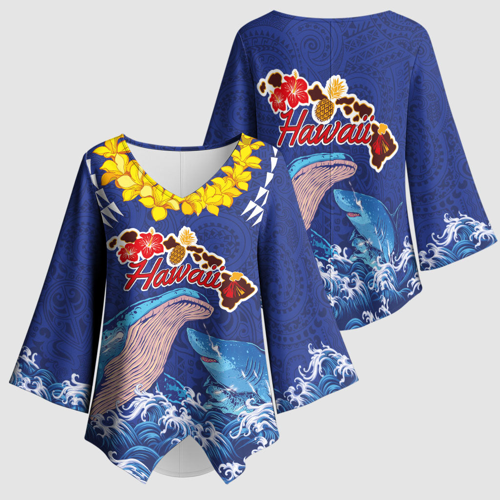 Hawaiian Sea Animals Kimono Sleeve Blouse Whales Shark and Turtle Guardians with Tribal Pattern