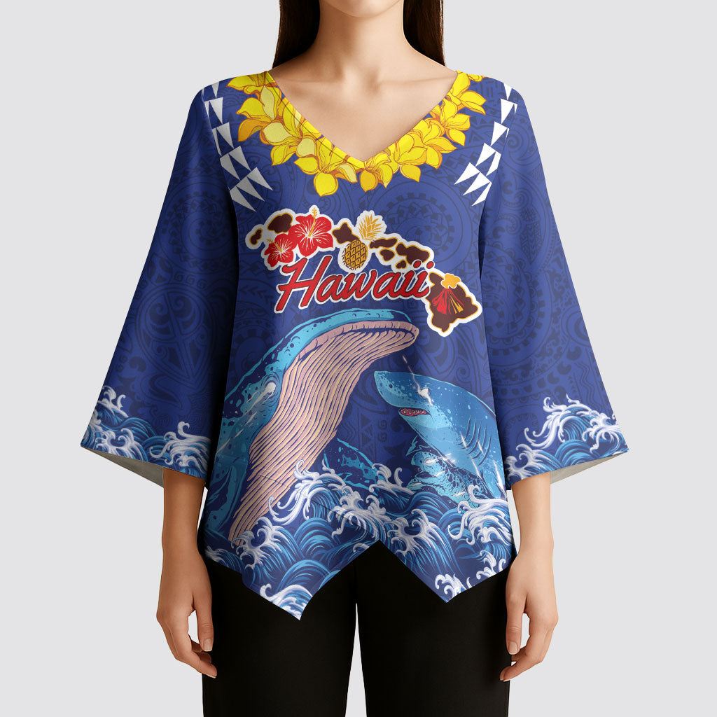 Hawaiian Sea Animals Kimono Sleeve Blouse Whales Shark and Turtle Guardians with Tribal Pattern