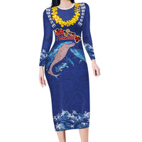 Hawaiian Sea Animals Long Sleeve Bodycon Dress Whales Shark and Turtle Guardians with Tribal Pattern LT03 Long Dress Blue - Polynesian Pride
