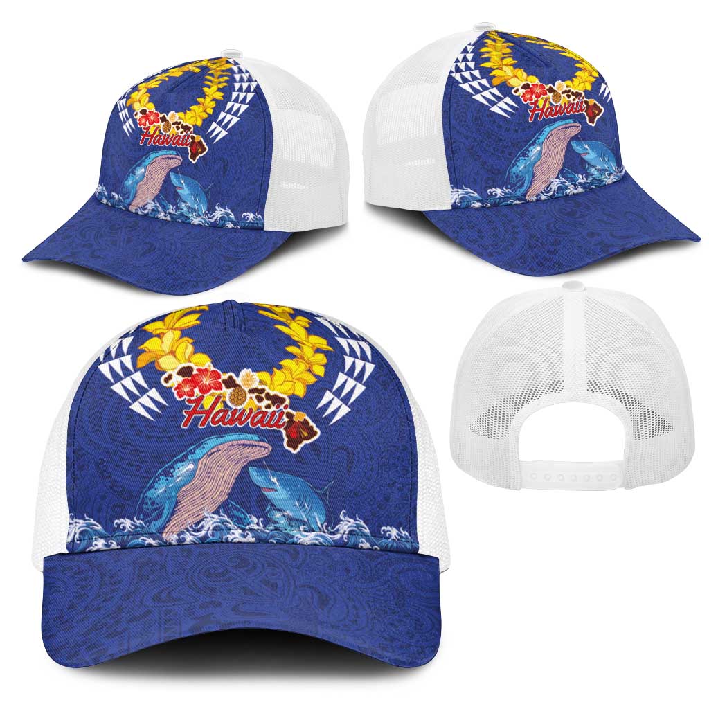 Hawaiian Sea Animals Mesh Trucker Cap Whales Shark and Turtle Guardians with Tribal Pattern