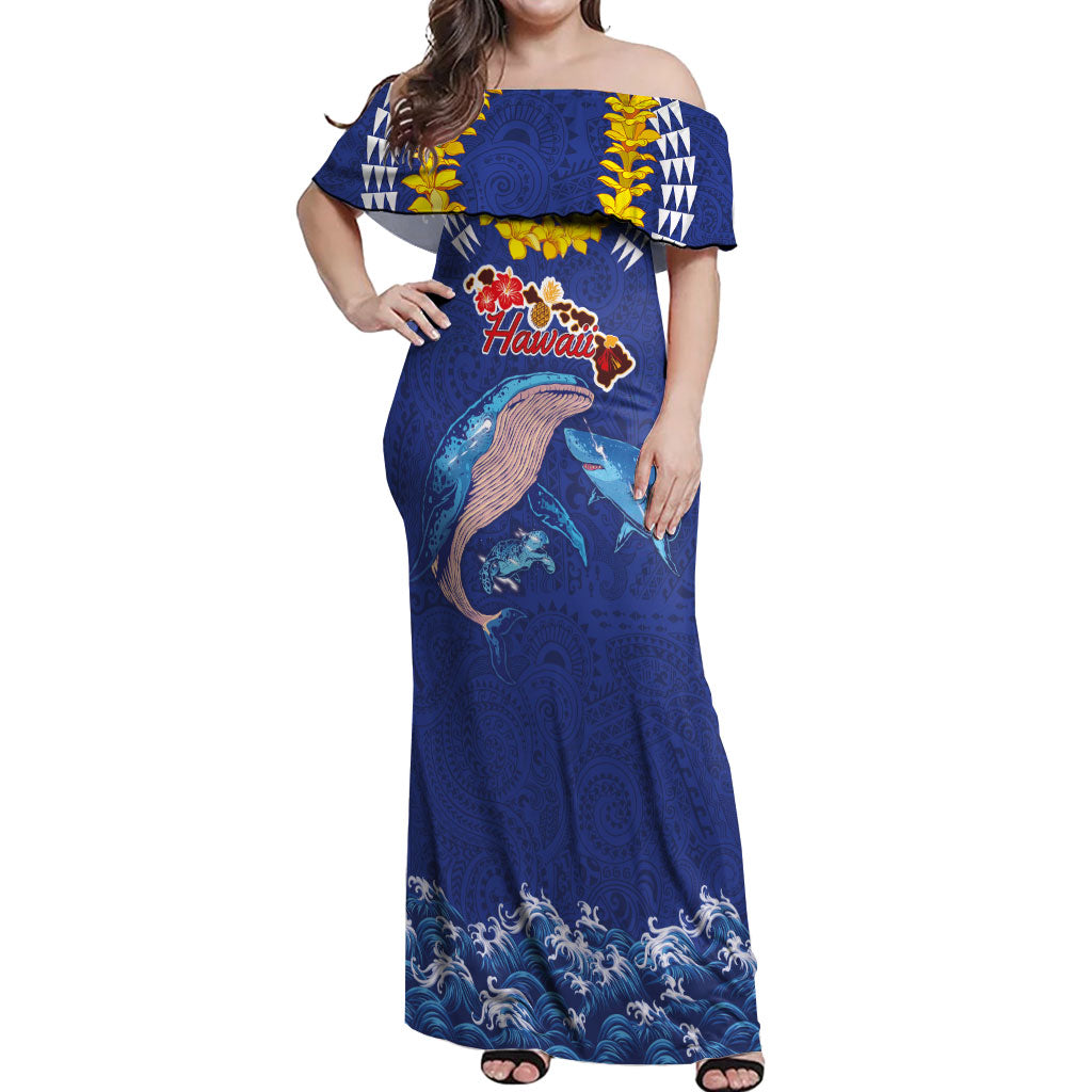 Hawaiian Sea Animals Off Shoulder Maxi Dress Whales Shark and Turtle Guardians with Tribal Pattern LT03 Women Blue - Polynesian Pride