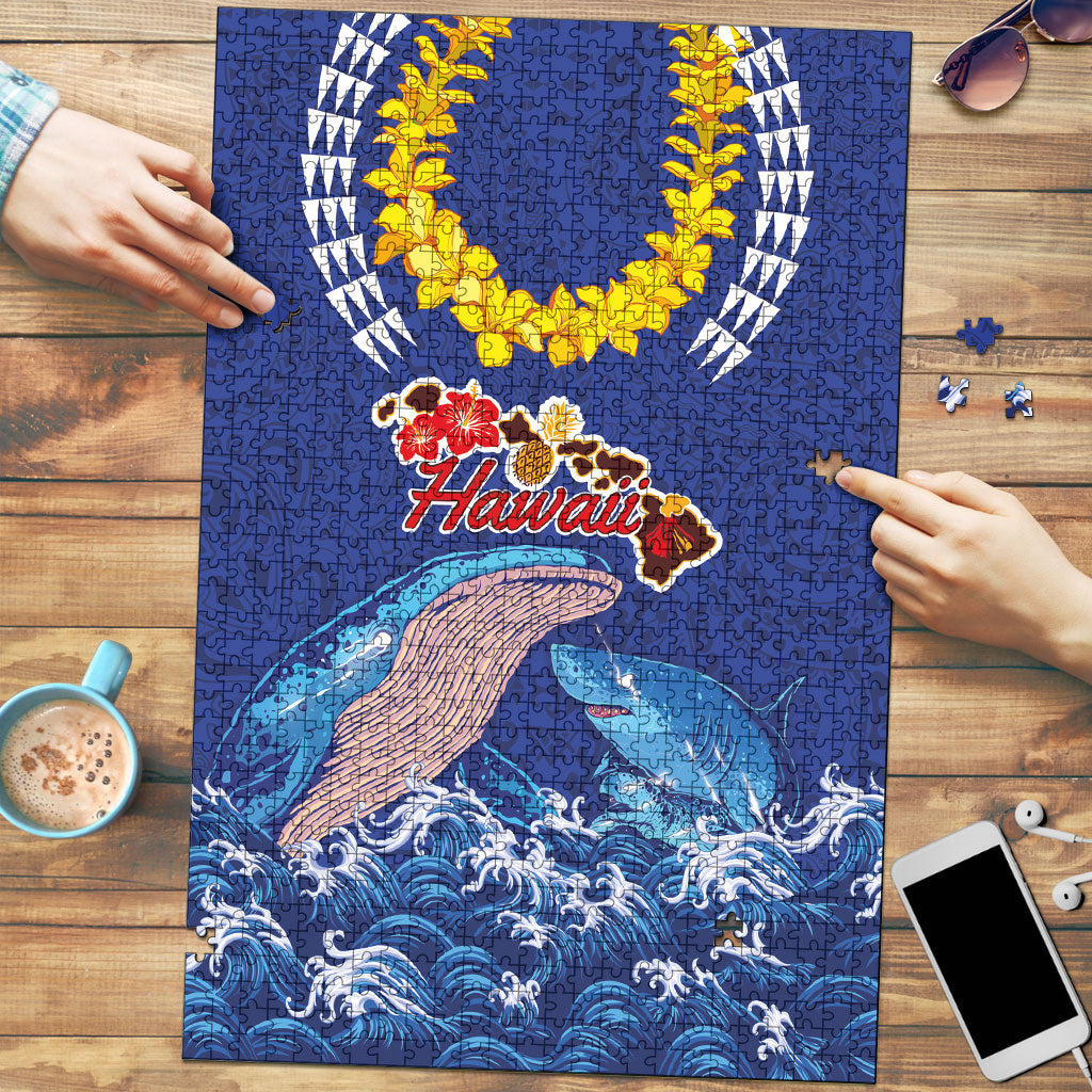 Hawaiian Sea Animals Puzzle Whales Shark and Turtle Guardians with Tribal Pattern LT03 Blue - Polynesian Pride