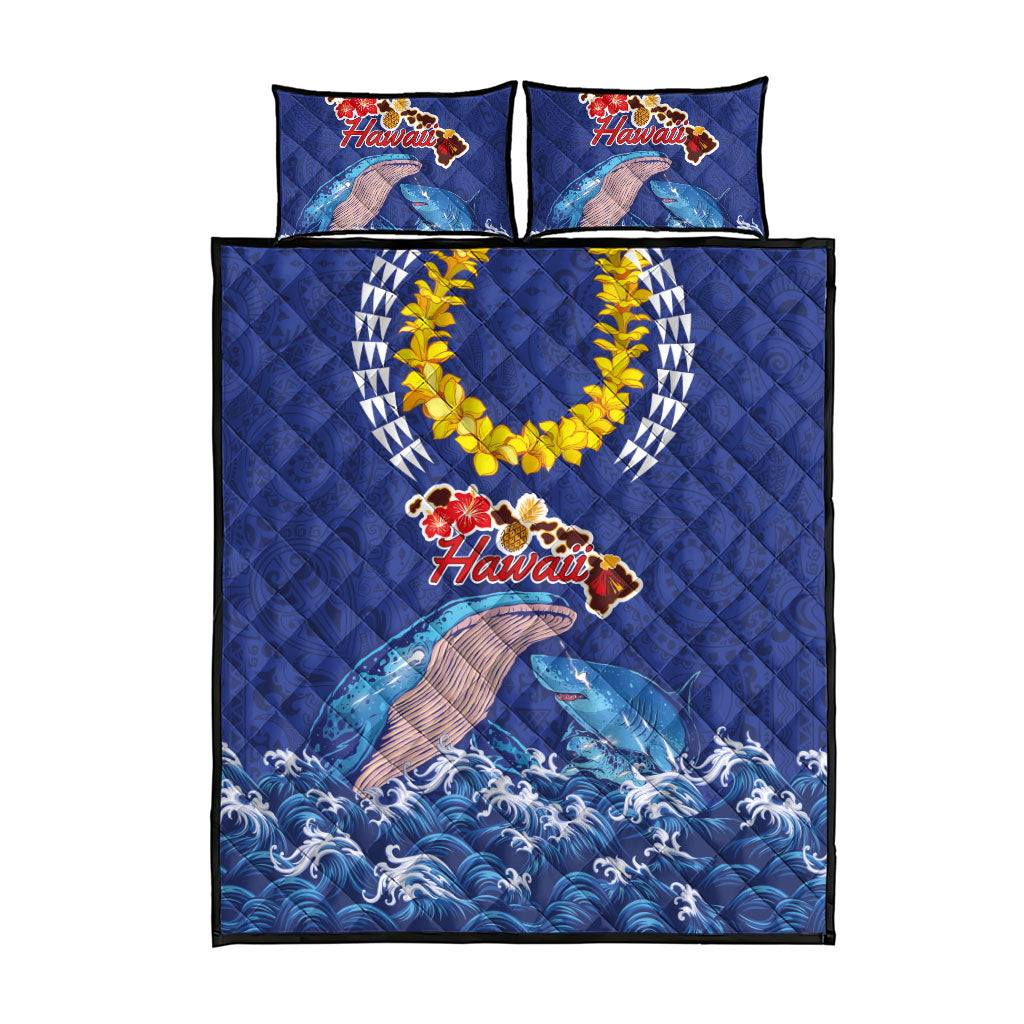 Hawaiian Sea Animals Quilt Bed Set Whales Shark and Turtle Guardians with Tribal Pattern
