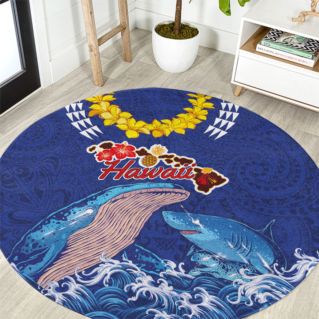 Hawaiian Sea Animals Round Carpet Whales Shark and Turtle Guardians with Tribal Pattern LT03 Blue - Polynesian Pride