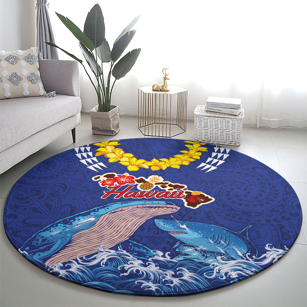 Hawaiian Sea Animals Round Carpet Whales Shark and Turtle Guardians with Tribal Pattern LT03 - Polynesian Pride