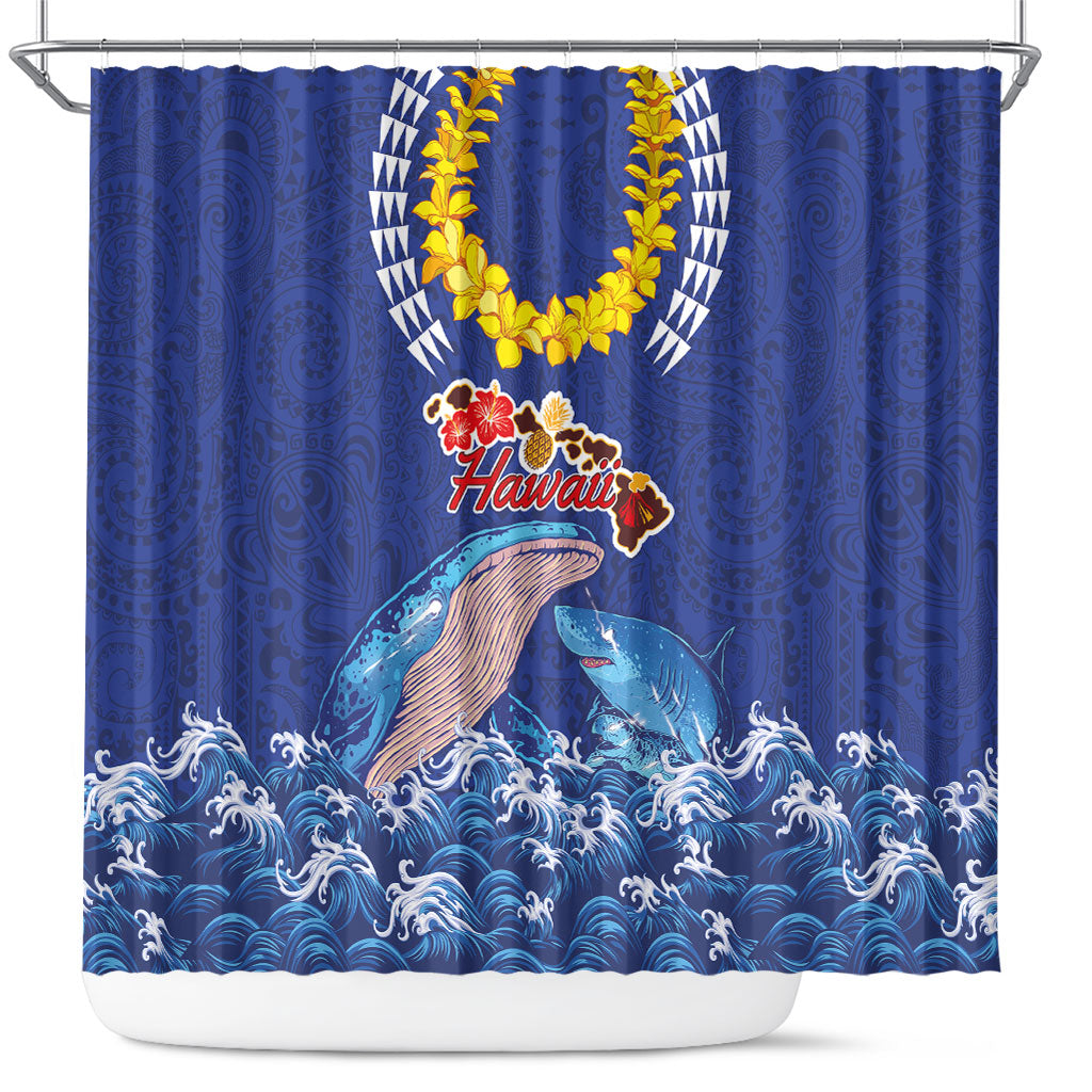 Hawaiian Sea Animals Shower Curtain Whales Shark and Turtle Guardians with Tribal Pattern