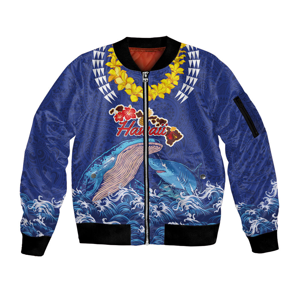 Hawaiian Sea Animals Sleeve Zip Bomber Jacket Whales Shark and Turtle Guardians with Tribal Pattern LT03 Unisex Blue - Polynesian Pride