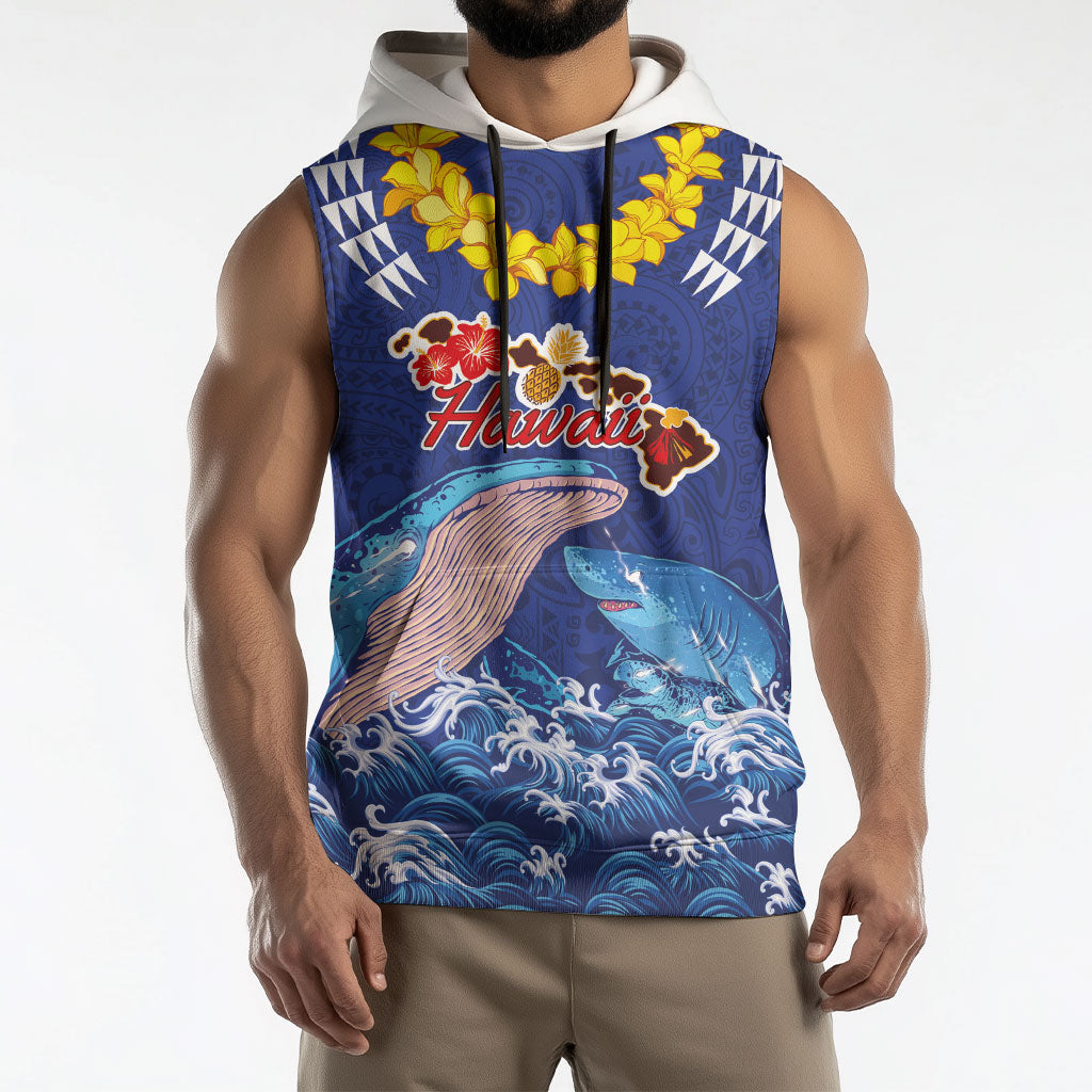 Hawaiian Sea Animals Sleeveless Hoodie Whales Shark and Turtle Guardians with Tribal Pattern LT03 - Polynesian Pride