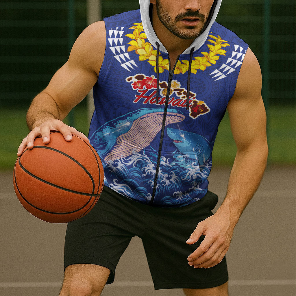 Hawaiian Sea Animals Sleeveless Zip Hoodie Whales Shark and Turtle Guardians with Tribal Pattern LT03 - Polynesian Pride