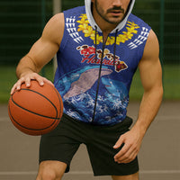 Hawaiian Sea Animals Sleeveless Zip Hoodie Whales Shark and Turtle Guardians with Tribal Pattern LT03 - Polynesian Pride