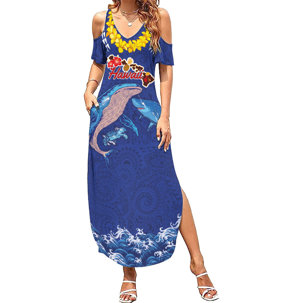 Hawaiian Sea Animals Summer Maxi Dress Whales Shark and Turtle Guardians with Tribal Pattern LT03 Women Blue - Polynesian Pride