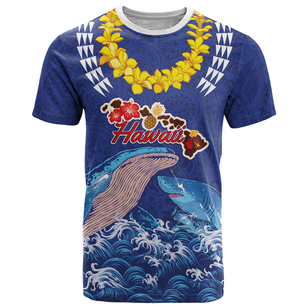 Hawaiian Sea Animals T Shirt Whales Shark and Turtle Guardians with Tribal Pattern LT03 Blue - Polynesian Pride