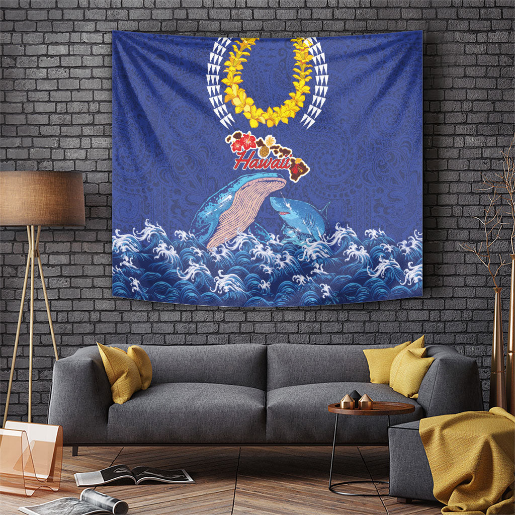 Hawaiian Sea Animals Tapestry Whales Shark and Turtle Guardians with Tribal Pattern LT03 Blue - Polynesian Pride