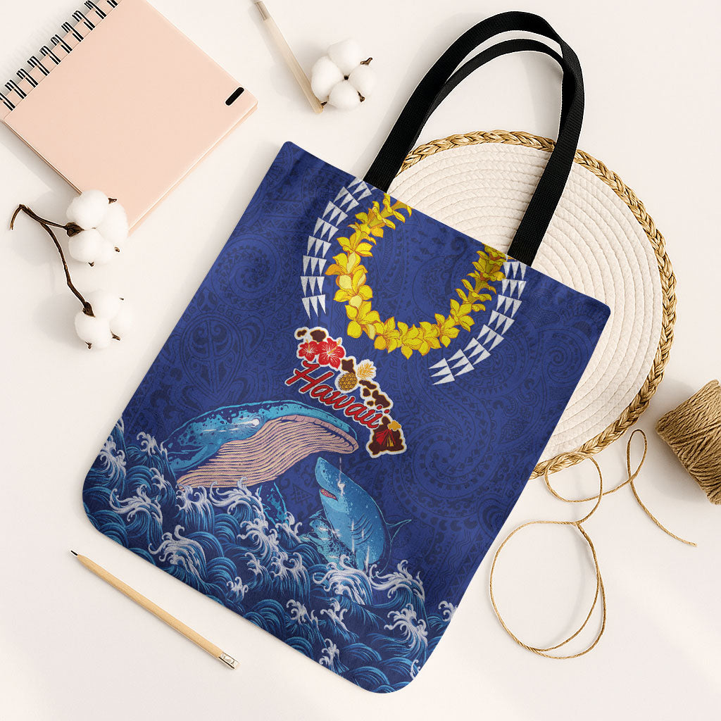 Hawaiian Sea Animals Tote Bag Whales Shark and Turtle Guardians with Tribal Pattern LT03 Black Strap One Size Blue - Polynesian Pride