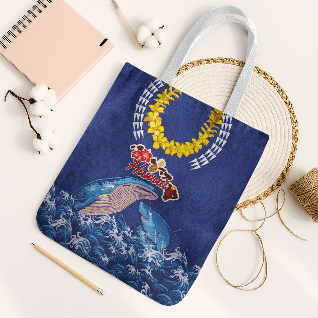Hawaiian Sea Animals Tote Bag Whales Shark and Turtle Guardians with Tribal Pattern LT03 White Strap One Size Blue - Polynesian Pride