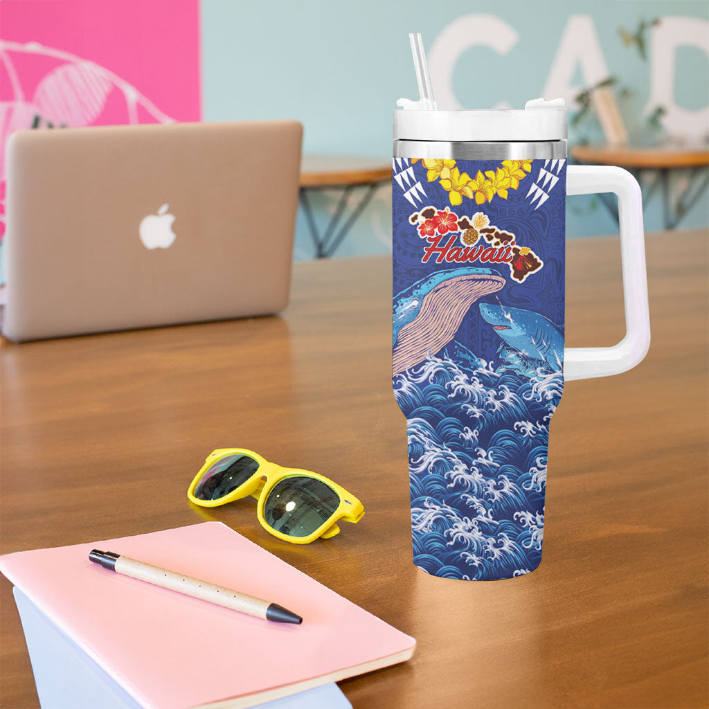 Hawaiian Sea Animals Tumbler With Handle Whales Shark and Turtle Guardians with Tribal Pattern