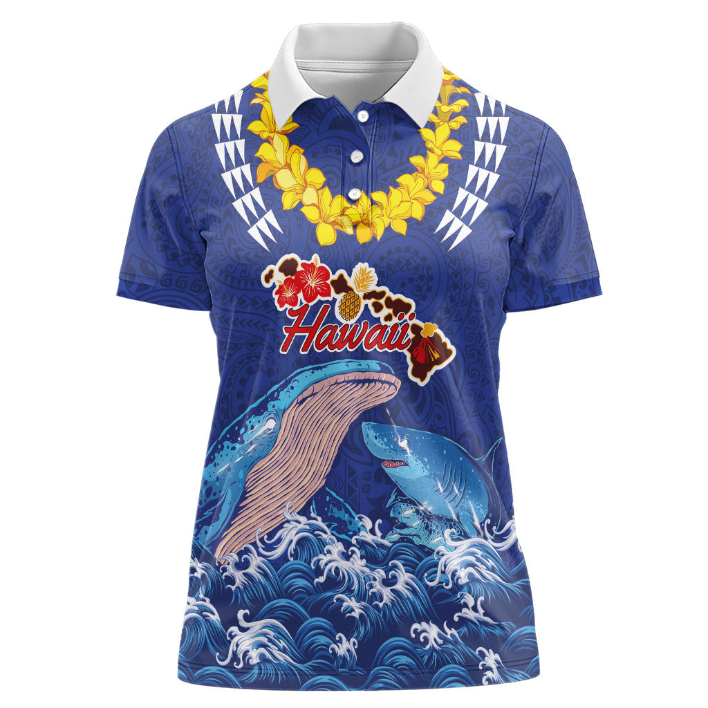 Hawaiian Sea Animals Women Polo Shirt Whales Shark and Turtle Guardians with Tribal Pattern LT03 Female Blue - Polynesian Pride