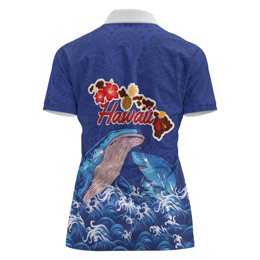 Hawaiian Sea Animals Women Polo Shirt Whales Shark and Turtle Guardians with Tribal Pattern LT03 - Polynesian Pride