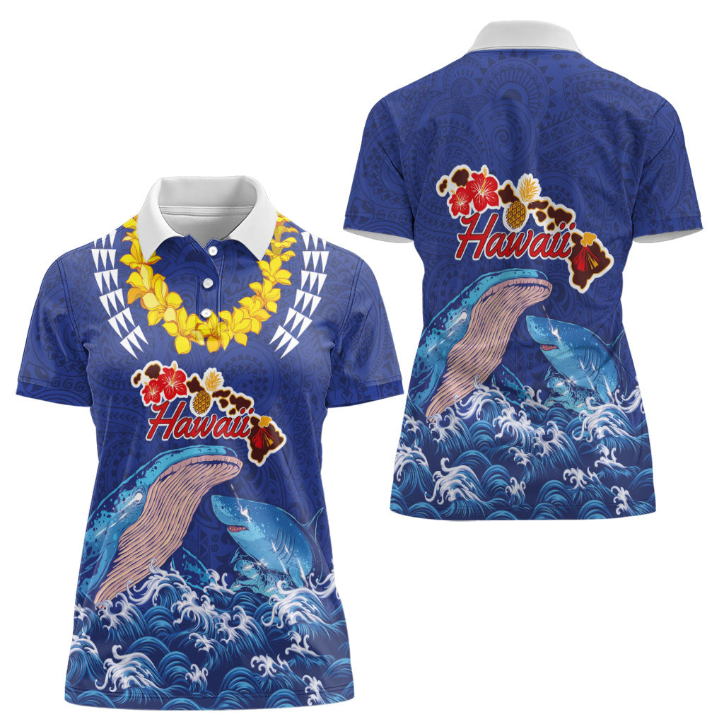 Hawaiian Sea Animals Women Polo Shirt Whales Shark and Turtle Guardians with Tribal Pattern LT03 - Polynesian Pride