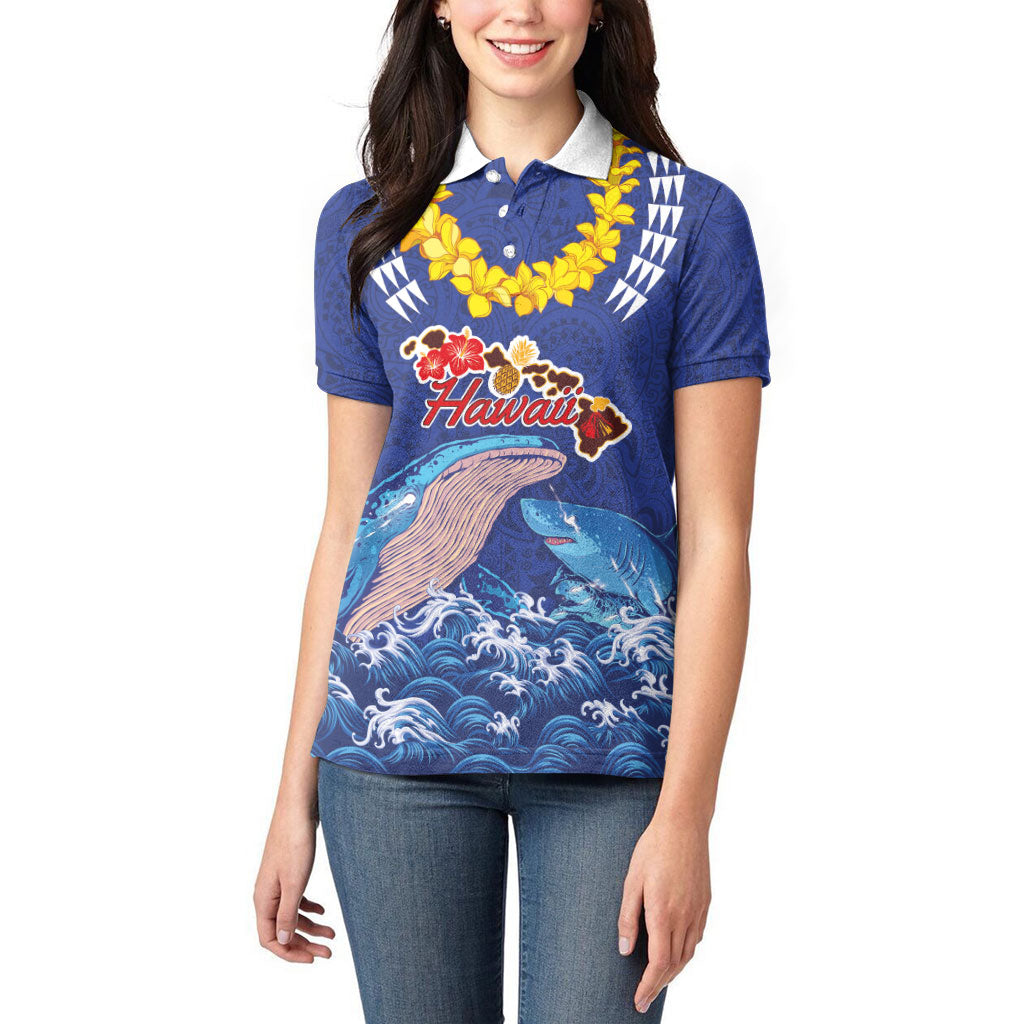 Hawaiian Sea Animals Women Polo Shirt Whales Shark and Turtle Guardians with Tribal Pattern LT03 - Polynesian Pride