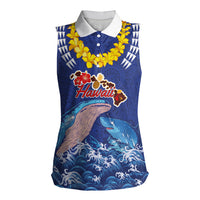 Hawaiian Sea Animals Women Sleeveless Polo Shirt Whales Shark and Turtle Guardians with Tribal Pattern LT03 Female Blue - Polynesian Pride