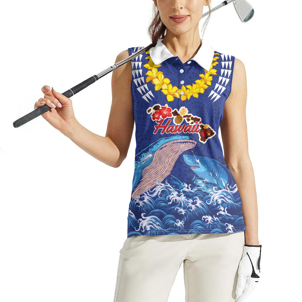 Hawaiian Sea Animals Women Sleeveless Polo Shirt Whales Shark and Turtle Guardians with Tribal Pattern LT03 - Polynesian Pride