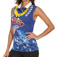 Hawaiian Sea Animals Women Sleeveless Polo Shirt Whales Shark and Turtle Guardians with Tribal Pattern LT03 - Polynesian Pride