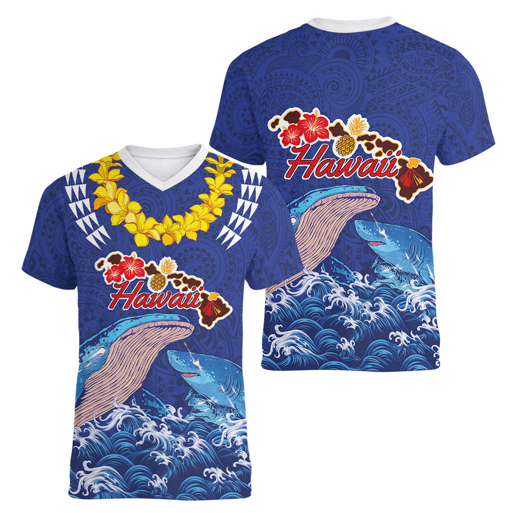 Hawaiian Sea Animals Women V-Neck T-Shirt Whales Shark and Turtle Guardians with Tribal Pattern LT03 - Polynesian Pride
