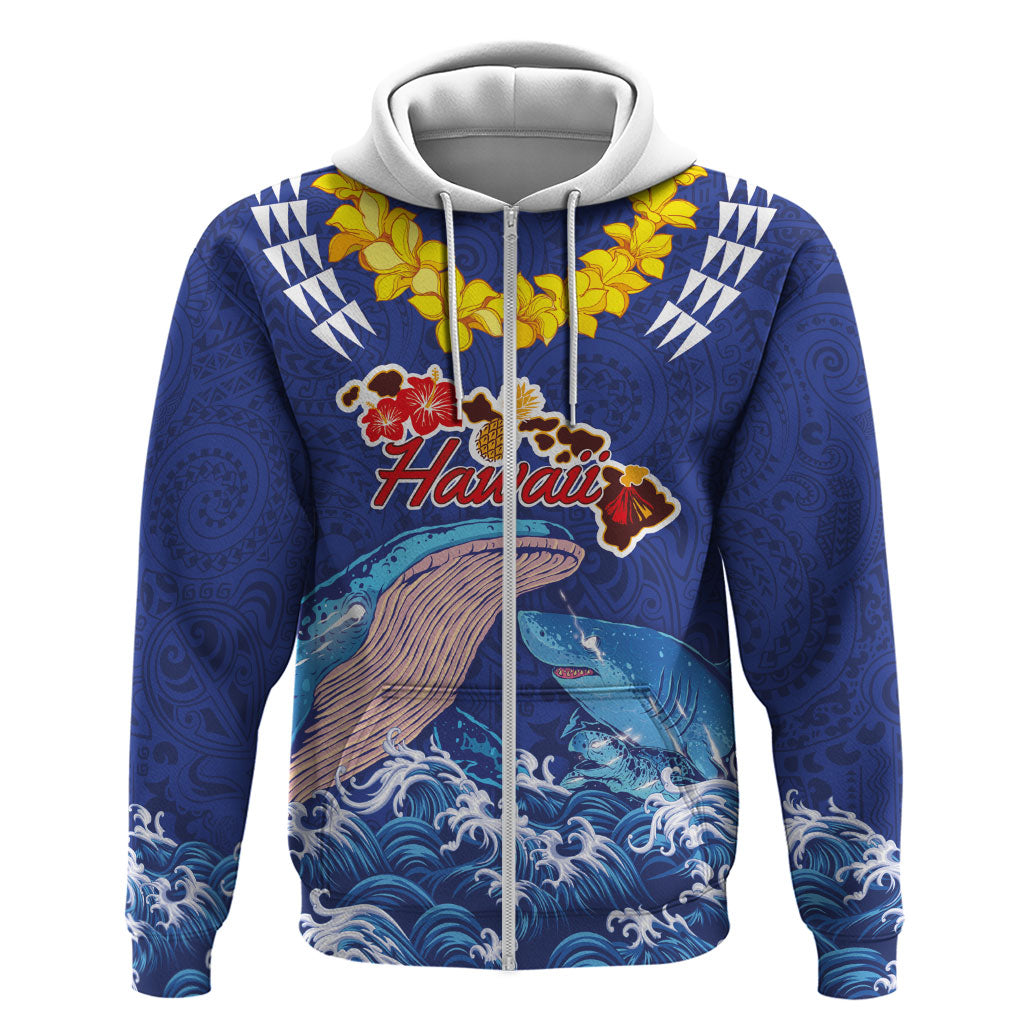 Hawaiian Sea Animals Zip Hoodie Whales Shark and Turtle Guardians with Tribal Pattern