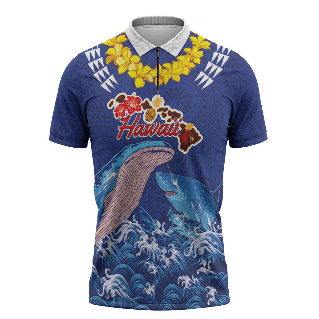 Hawaiian Sea Animals Zipper Polo Shirt Whales Shark and Turtle Guardians with Tribal Pattern LT03 Blue - Polynesian Pride