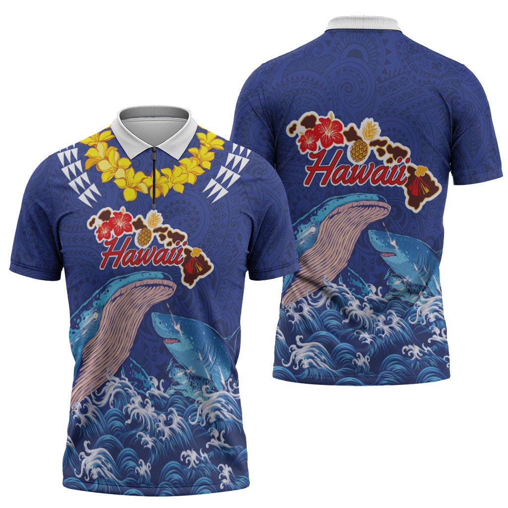 Hawaiian Sea Animals Zipper Polo Shirt Whales Shark and Turtle Guardians with Tribal Pattern LT03 - Polynesian Pride