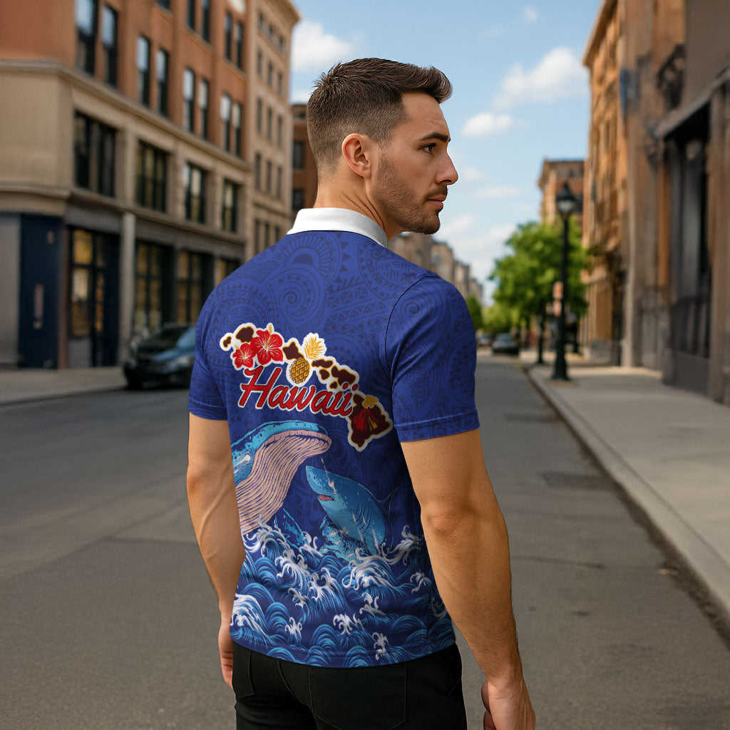 Hawaiian Sea Animals Zipper Polo Shirt Whales Shark and Turtle Guardians with Tribal Pattern LT03 - Polynesian Pride