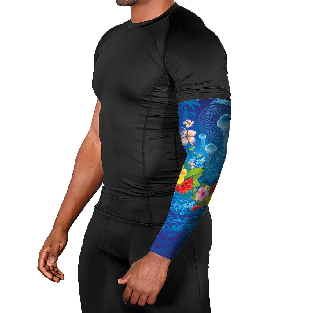 Fiji Jellyfish Arm Sleeves Tapa Patterns and Hibiscus Sea Vibe