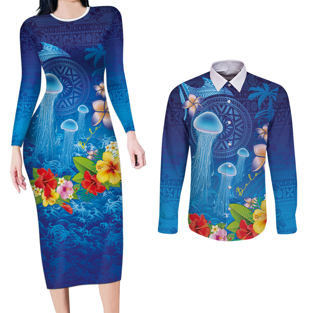 Fiji Jellyfish Couples Matching Long Sleeve Bodycon Dress and Long Sleeve Button Shirt Tapa Patterns and Hibiscus Sea Vibe LT03 Blue - Polynesian Pride